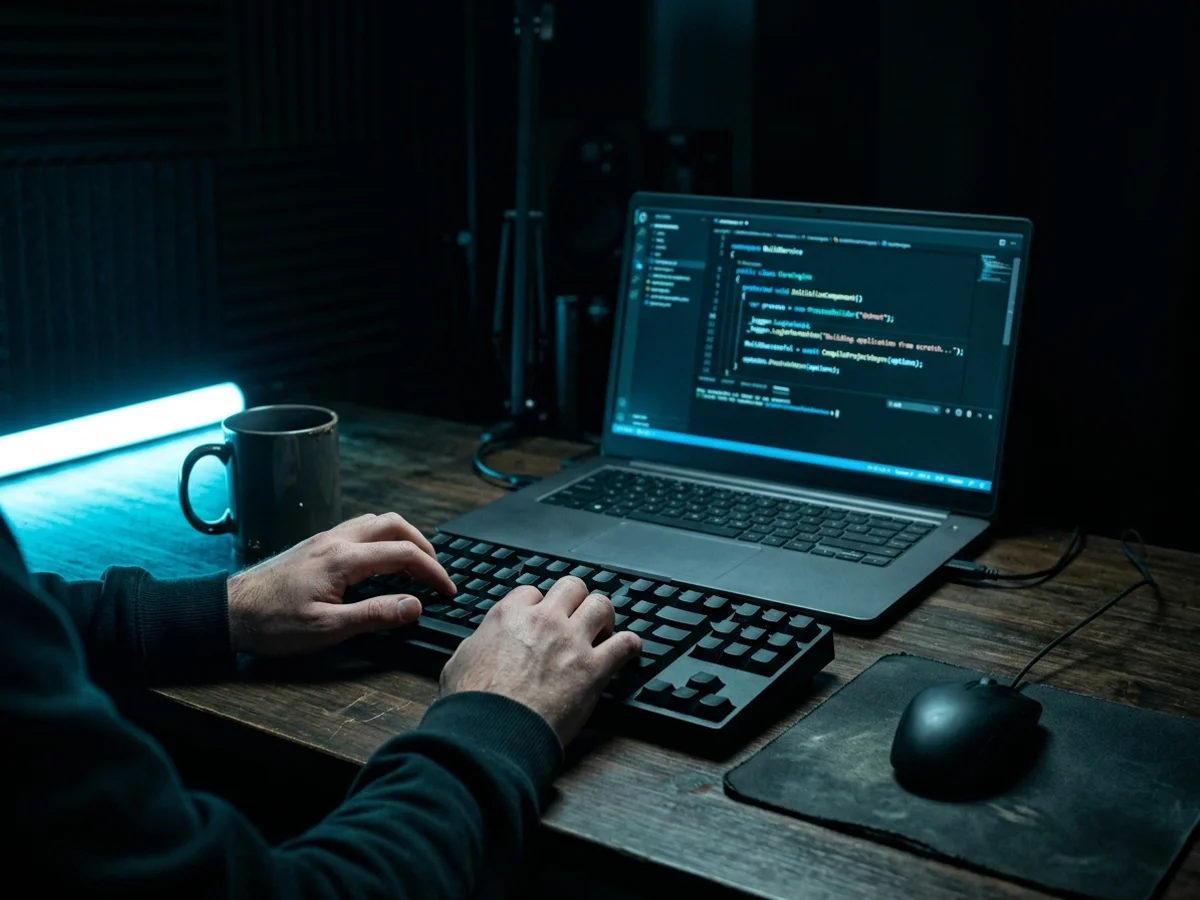 Manos escribiendo código de un desarrollo .NET a medida en un teclado junto a un portátil con un editor abierto, iluminación azul sobre fondo oscuro