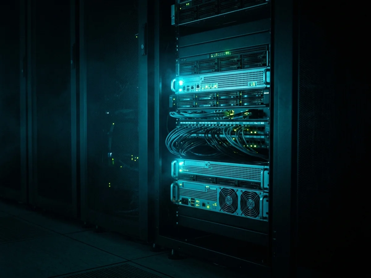 Rack de servidores con cableado de red, representando DevOps Azure para aplicaciones .NET, iluminado en azul en una sala técnica a oscuras