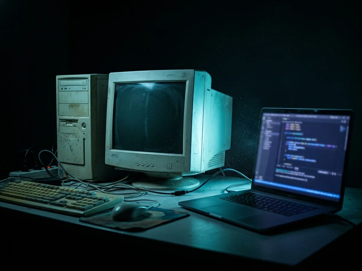 Ordenador de sobremesa antiguo con monitor CRT junto a un portátil moderno con código, representando la modernización de sistemas legacy .NET, luz azul sobre fondo oscuro