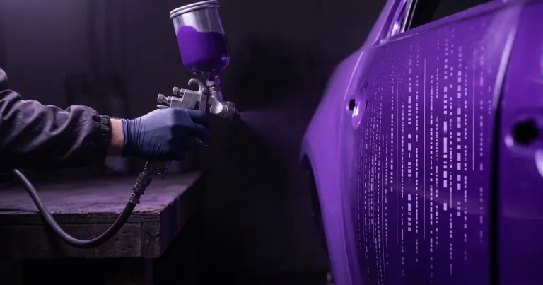 Mano enguantada de azul sosteniendo una pistola de pintura con bote violeta y manguera de aire, con el chorro llegando a la puerta de un coche pintada en púrpura con trazos de luz como columnas de código, en un taller en penumbra