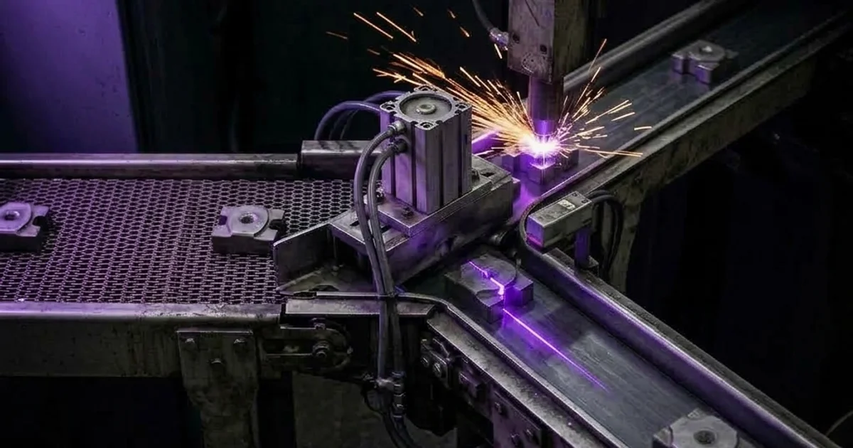 Cinta transportadora industrial con piezas metálicas; en el centro, un desviador neumático separa el flujo en dos vías. En una, un punzón marca la pieza con chispas; en la otra, el haz violeta de un sensor incide sobre la pieza sin tocarla. Penumbra industrial