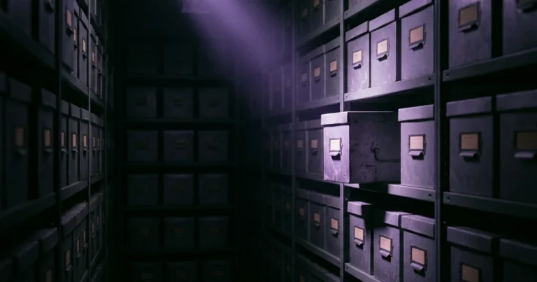 Pasillo de estanterías con cajas metálicas archivadoras, una caja central iluminada por un haz de luz púrpura en la penumbra