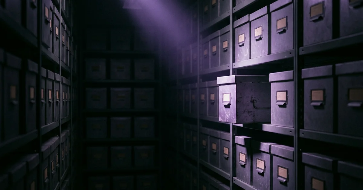 Pasillo de estanterías con cajas metálicas archivadoras, una caja central iluminada por un haz de luz púrpura en la penumbra