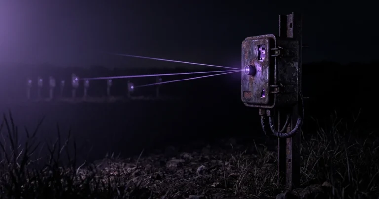 Sensor metálico oxidado sobre un poste en un campo nocturno, con haces de luz púrpura que se dirigen hacia receptores lejanos