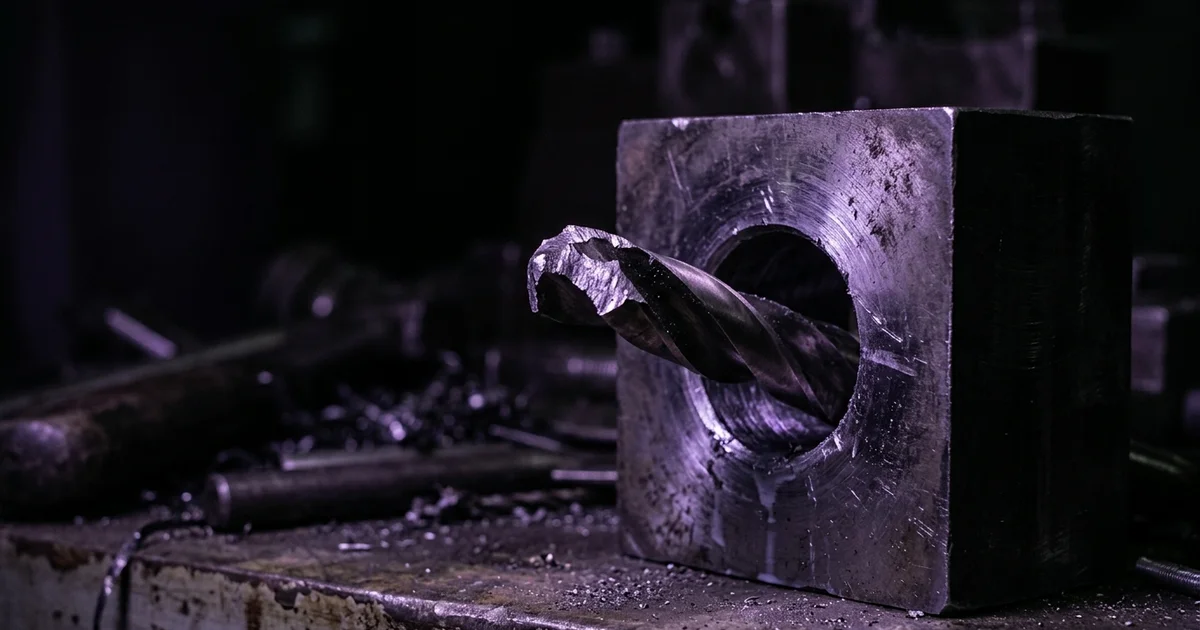 Broca partida con el trozo roto encajado dentro del agujero de un bloque de acero, sobre un banco de taller en penumbra con luz violeta