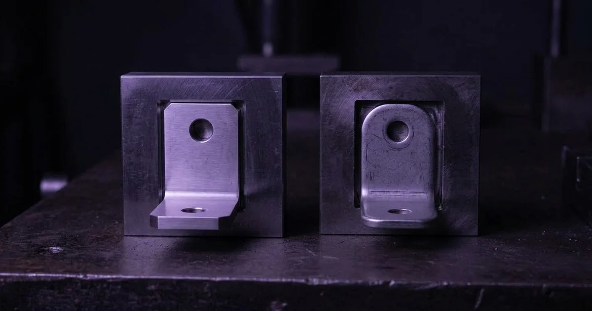 Dos piezas metálicas en forma de escuadra sobre un banco de taller, vistas desde algo más lejos, cada una en su alojamiento: la de la izquierda asienta exacta y la de la derecha queda con holgura. Penumbra con luz lateral púrpura