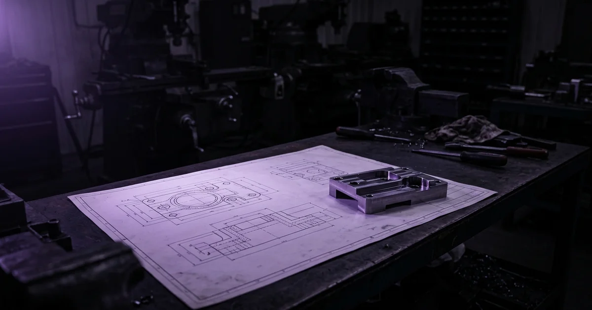 Plano técnico desplegado sobre un banco de taller, con vistas y líneas de cota, y encima una pieza metálica mecanizada, en penumbra industrial con luz violeta