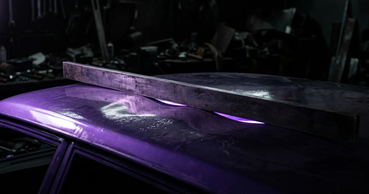 Regla de acero apoyada sobre el techo de un coche pintado en púrpura, con luz violeta colándose por debajo donde la superficie no está plana, en penumbra de taller